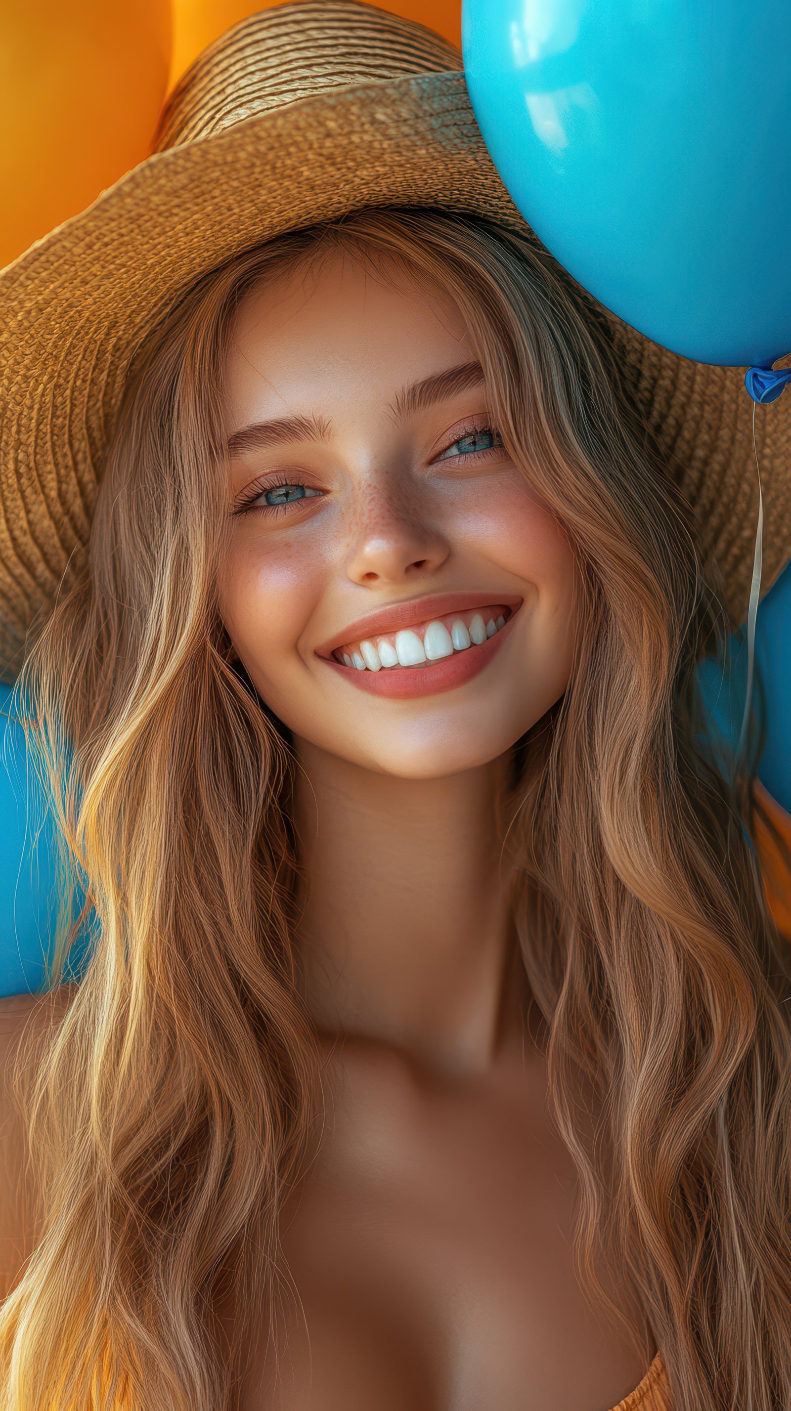 Joyful young woman with long hair wearing a sun hat holds colorful balloons against a bright backdrop